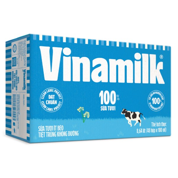 Thùng 12 Lốc 4 Sữa Tươi Tiệt Trùng Vinamilk 100% Ít Béo Không Đường Hộp 180Ml