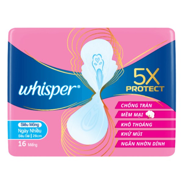 (Only Emartmall) Băng Vệ Sinh Whisper 5X Protect Siêu Mỏng Cánh 28Cm 16 Miếng
