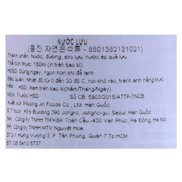Nước Ép Woongjin Lựu Chai 180Ml