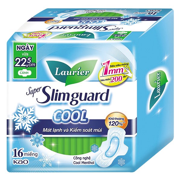 Băng Vệ Sinh Laurier Slimguard Cool Siêu Mỏng Cánh 16 Miếng 22.5Cm