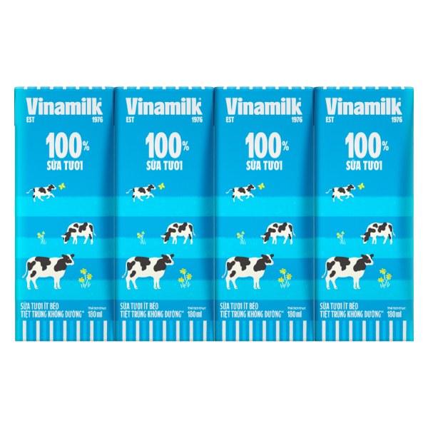 Lốc 4 Sữa Tươi Tiệt Trùng Vinamilk 100% Ít Béo Không Đường 180Ml