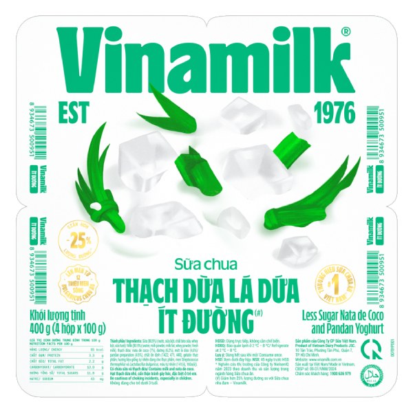 Lốc 4 Sữa Chua Ăn Vinamilk Thạch Dừa Lá Dứa Ít Đường 100G