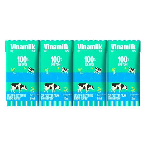 Lốc 4 Sữa Tươi Tiệt Trùng Vinamilk 100% Không Đường Hộp 110Ml
