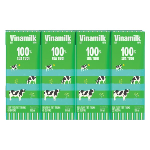 Lốc 4 Sữa Tươi Tiệt Trùng Vinamilk 100% Có Đường 180Ml