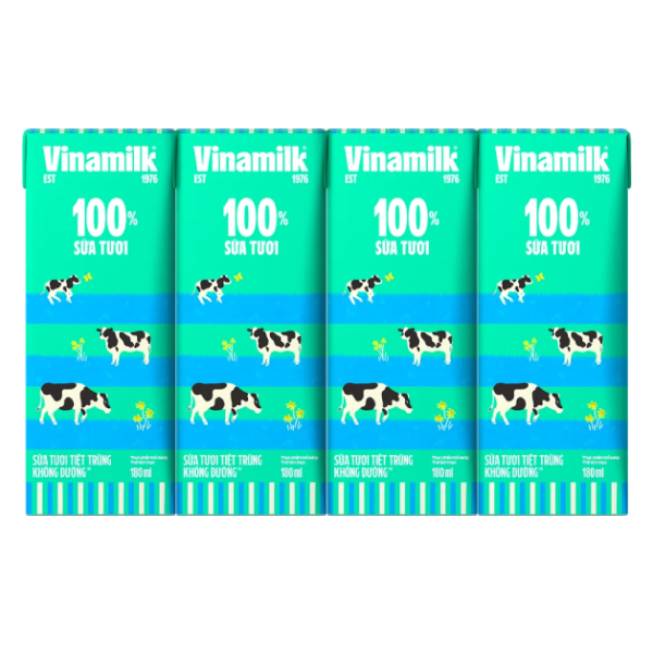 Lốc 4 Sữa Tươi Tiệt Trùng Vinamilk 100% Không Đường 180Ml