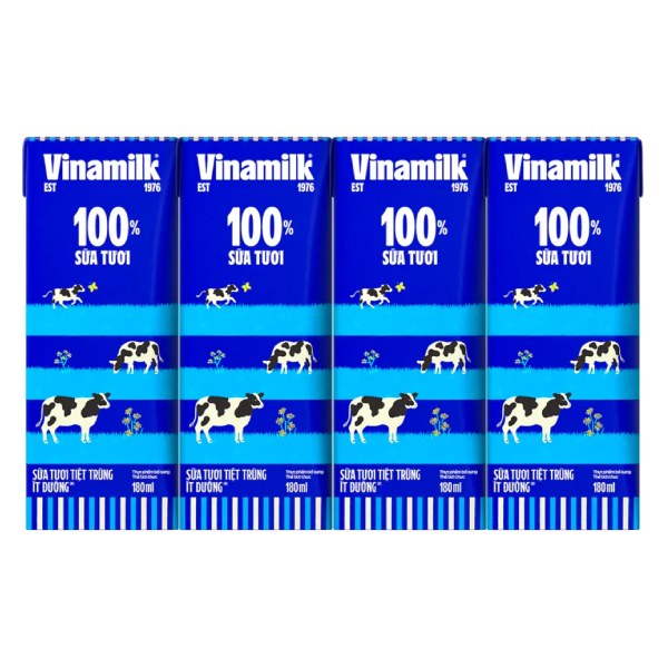 Lốc 4 Sữa Tươi Tiệt Trùng Vinamilk 100% Ít Đường 180Ml