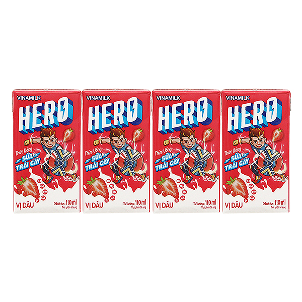 Lốc 4 Sữa Trái Cây Vinamilk Hero Vị Dâu Hộp 110Ml