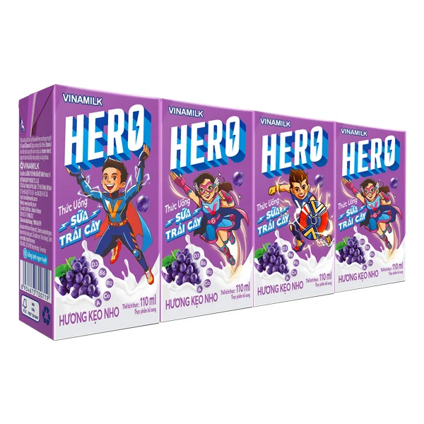 Lốc 4 Sữa Trái Cây Vinamilk Hero Hương Kẹo Nho Hộp 110Ml