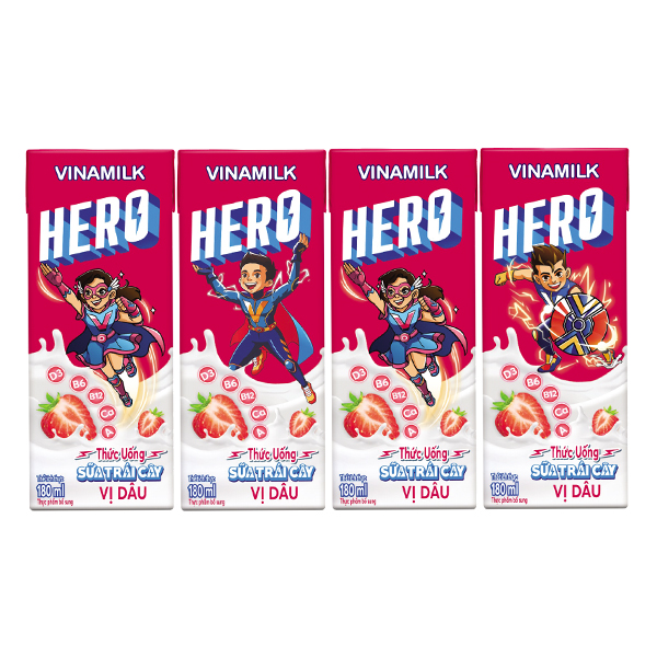 Lốc 4 Sữa Trái Cây Vinamilk Hero Vị Dâu Hộp 180Ml