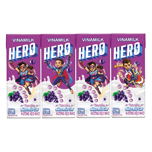 Lốc 4 Sữa Trái Cây Vinamilk Hero Hương Kẹo Nho Hộp 180Ml