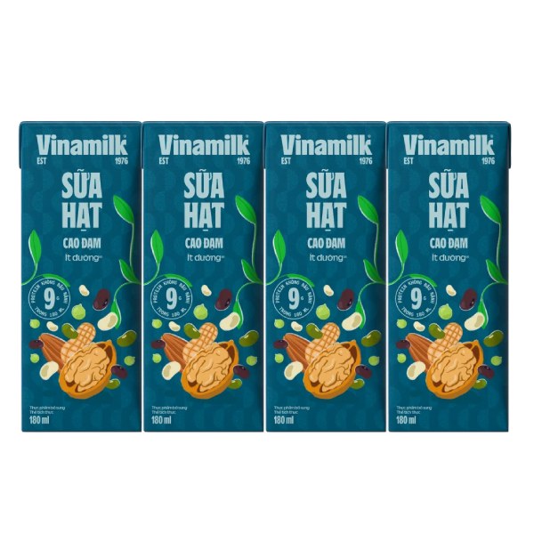 Lốc 4 Sữa Hạt Vinamilk Cao Đạm Ít Đường Hộp 180Ml