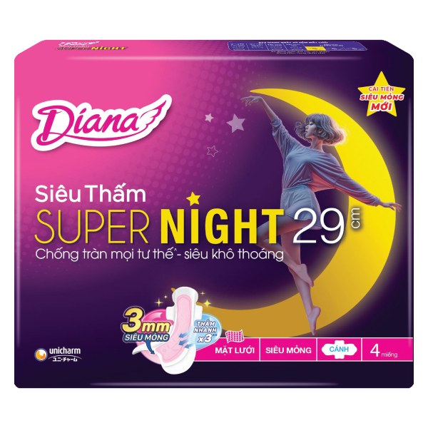 Băng Vệ Sinh Diana Super Night Có Cánh 29Cm Gói 4 Miếng