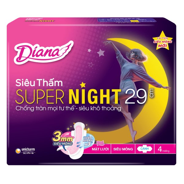 Băng Vệ Sinh Diana Super Night Có Cánh 29Cm Gói 4 Miếng