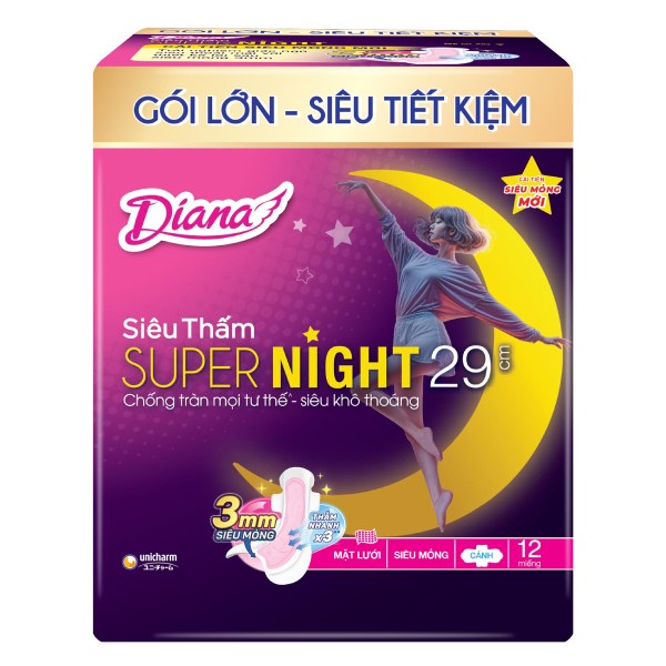 Băng Vệ Sinh Diana Super Night Có Cánh 29Cm Gói 12 Miếng