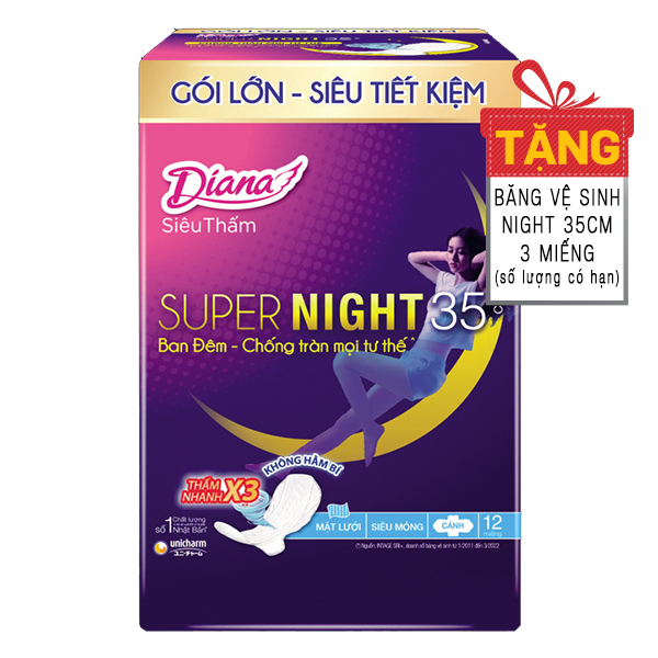 Băng Vệ Sinh Diana Super Night Siêu Thấm 35Cm 12 Miếng