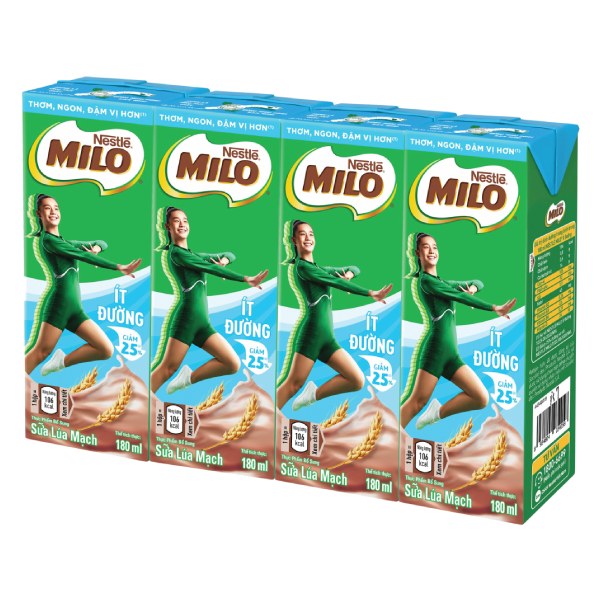 Lốc 4 Thức Uống Lúa Mạch Nestle Milo Ít Đường Hộp 180Ml