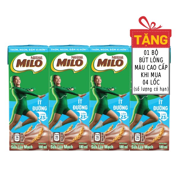 Lốc 4 Thức Uống Lúa Mạch Nestle Milo Ít Đường Hộp 180Ml