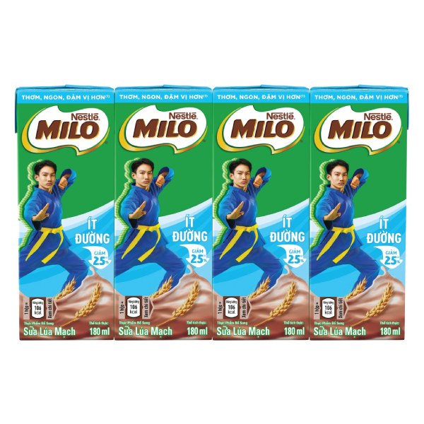 Lốc 4 Thức Uống Lúa Mạch Nestle Milo Ít Đường Hộp 180Ml