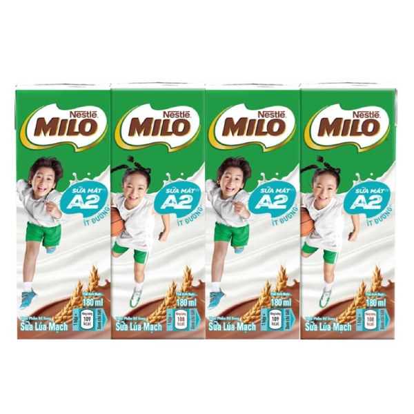 Lốc 4 Sữa Lúa Mạch Milo A2 Ít Đường Hộp 180Ml
