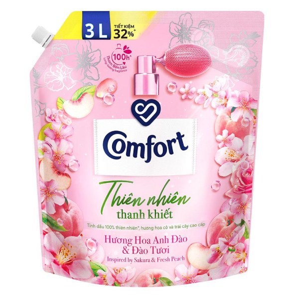 Nước Xả Vải Comfort Thiên Nhiên Thanh Khiết Hương Hoa Anh Đào & Đào Tươi Túi 3L