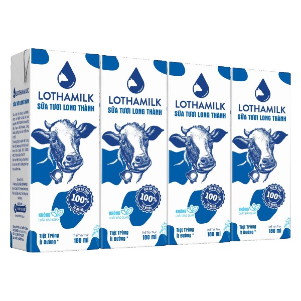 Lốc 4 Sữa Tươi Tiệt Trùng Lothamilk Ít Đường Hộp Giấy 180Ml