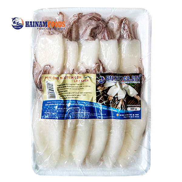 Mực Ống Nguyên Con Làm Sạch Đông Lạnh Hải Nam Size 10-12 Vỉ 500G
