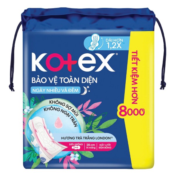 Băng Vệ Sinh Kotex Bảo Vệ Toàn Diện Ngày Nhiều Và Đêm Siêu Mỏng Cánh 14 Miếng 28Cm