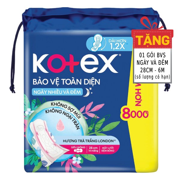 Băng Vệ Sinh Kotex Bảo Vệ Toàn Diện Ngày Nhiều Và Đêm Siêu Mỏng Cánh 14 Miếng 28Cm