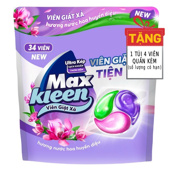 (Only Emartmall) Viên Giặt Xả Max Kleen Huyền Diệu Túi 34 Viên