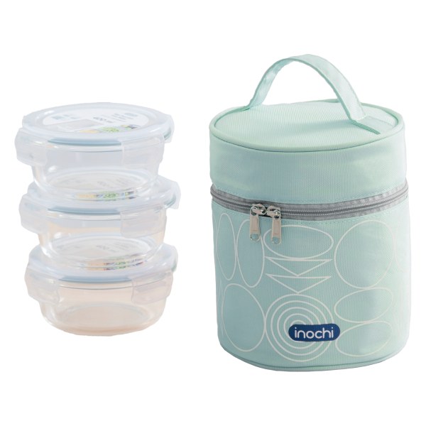 Bộ Túi 3 Hộp Cơm Thủy Tinh Inochi Nikko Tròn 400Ml        
