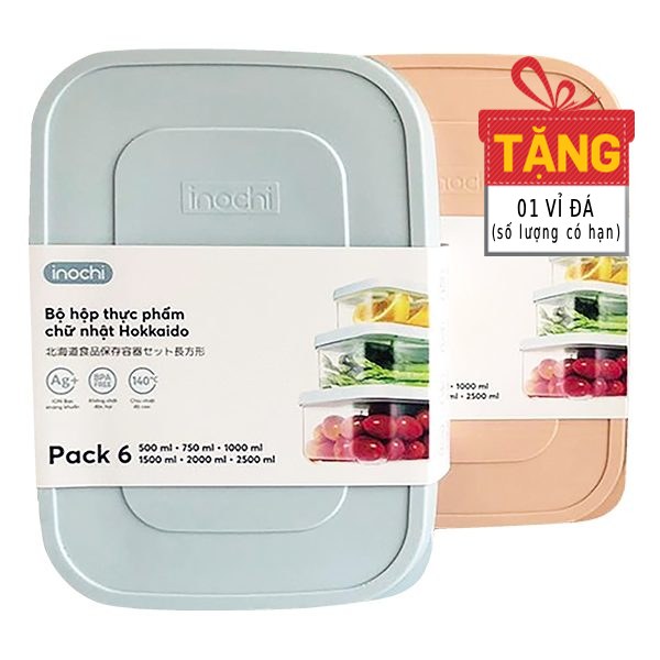 Bộ 6 Hộp Thực Phẩm Chữ Nhật Inochi Hokkaido 500Ml + 750Ml + 1L + 1.5L + 2L + 2.5L