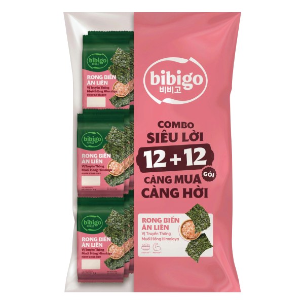 Lốc 12+12 Rong Biển Bibigo Vị Truyền Thống Muối Hồng Gói 4G