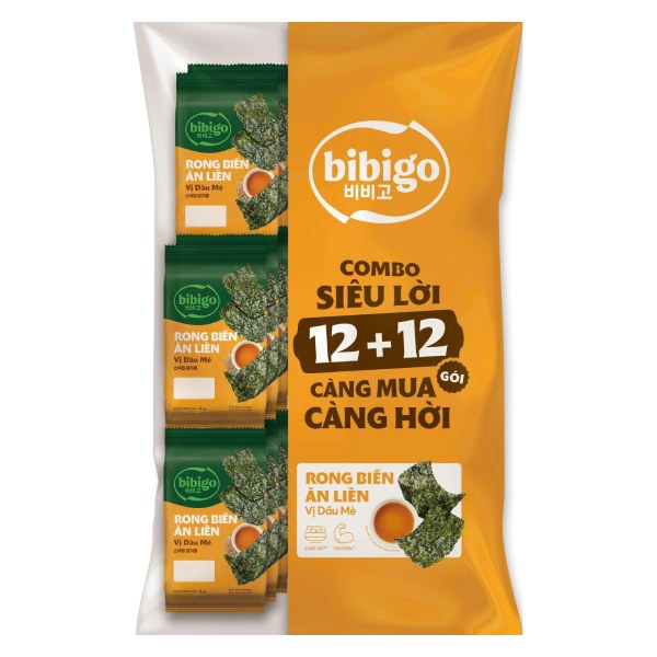 Lốc 12+12 Rong Biển Bibigo Vị Dầu Mè Gói 4G