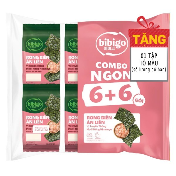 Lốc 12 Rong Biển Bibigo Vị Truyền Thống Muối Hồng Gói 4G