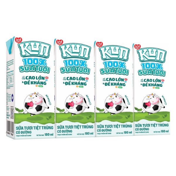 Lốc 4 Sữa Tươi Tiệt Trùng Kun 100% Có Đường 180Ml