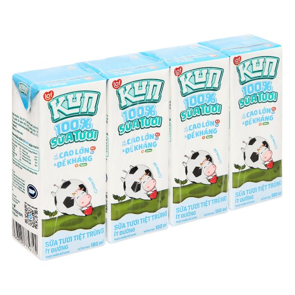 Lốc 4 Sữa Tươi Tiệt Trùng Kun 100% Ít Đường 180Ml