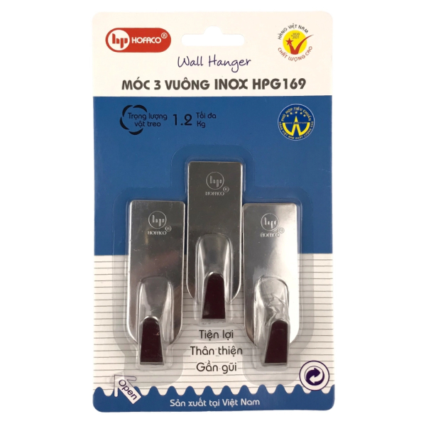 Vỉ 3 Móc Dán Tường Hofaco Inox HPG169