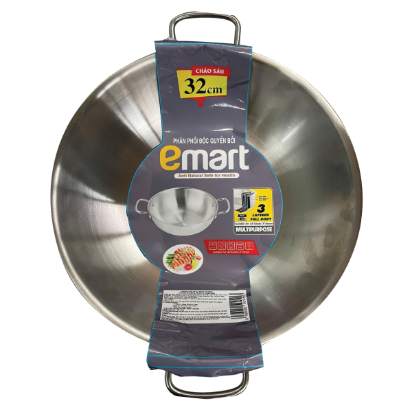 Chảo Sâu Lòng Inox 2 Quai 3 Lớp Đáy Từ Emart 32Cm
