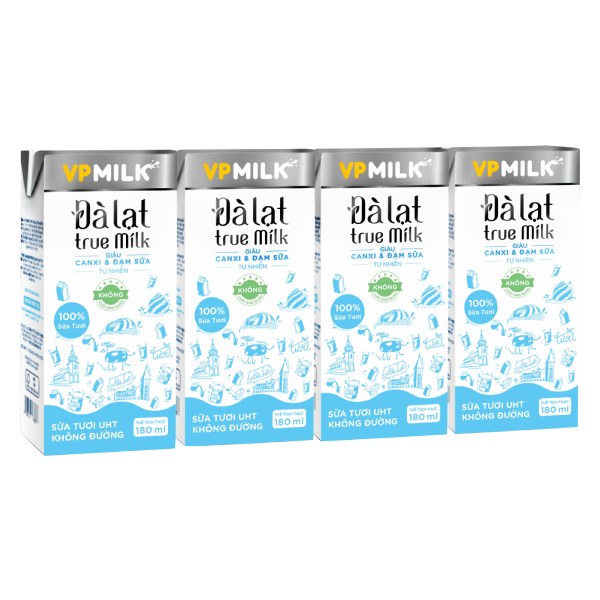 Lốc 4 Sữa Tươi Tiệt Trùng VP Milk Đà Lạt True Milk Không Đường 180Ml