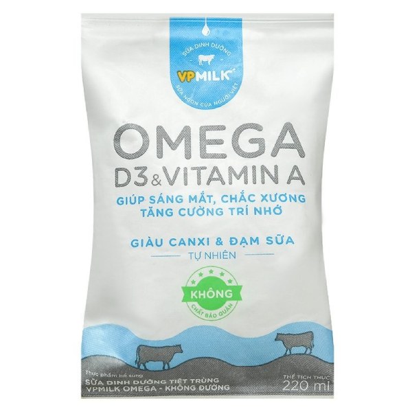 Sữa Dinh Dưỡng Tiệt Trùng VP Milk Omega Không Đường Bịch 220Ml