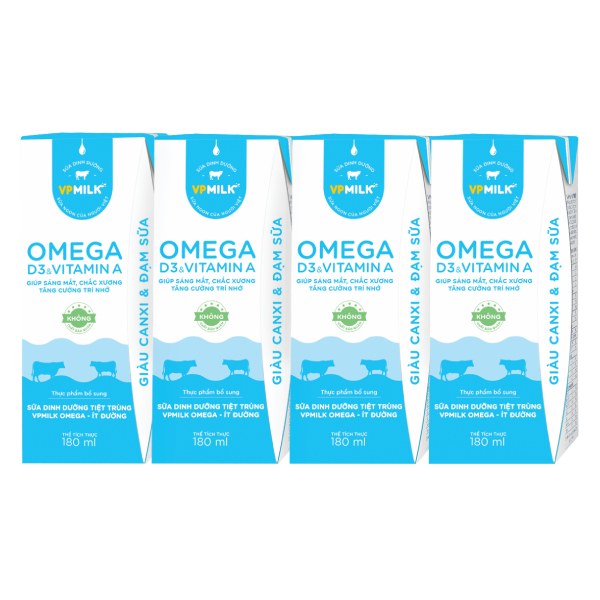 Lốc 4 Sữa Dinh Dưỡng Tiệt Trùng VP Milk Omega Ít Đường 180Ml