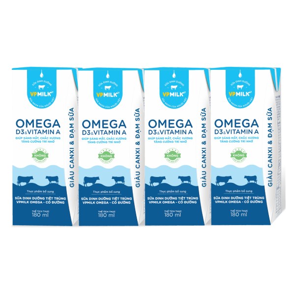 Lốc 4 Sữa Dinh Dưỡng Tiệt Trùng VP Milk Omega Có Đường 180Ml
