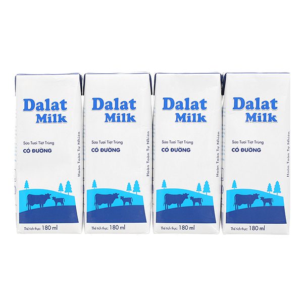 Lốc 4 Sữa Tươi Tiệt Trùng Dalat Milk Có Đường Hộp 180Ml