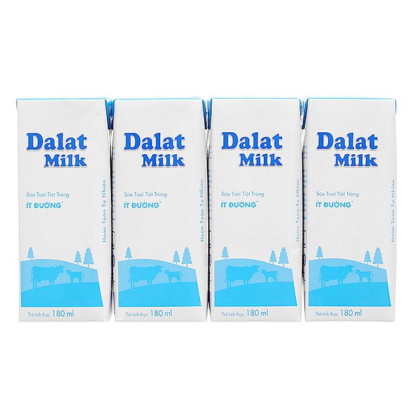 Lốc 4 Sữa Tươi Tiệt Trùng Dalat Milk Ít Đường Hộp 180M