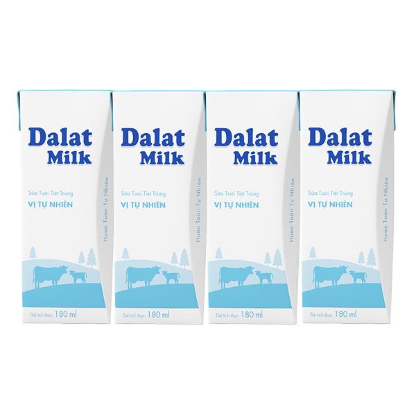 Lốc 4 Sữa Tươi Tiệt Trùng Vị Tự Nhiên Dalat Milk 180Ml