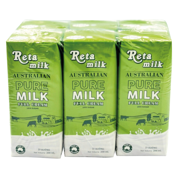 Lốc 6 Sữa Tươi Tiệt Trùng Nguyên Chất Reta Milk Ít Đường 200Ml