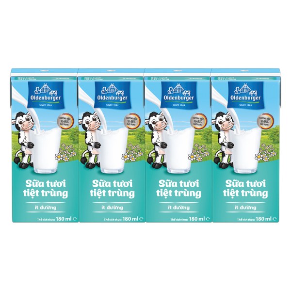 Lốc 4 Sữa Tươi Tiệt Trùng Oldenburger Ít Đường Hộp 180Ml